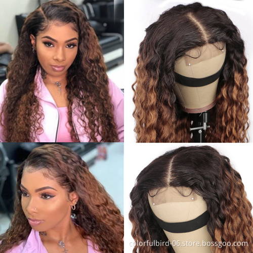 1b30 curly Ombre lace front Human virgin Hair Wig malaysian hair water wave closure 4*4 Ombre hd lace Closure Wig